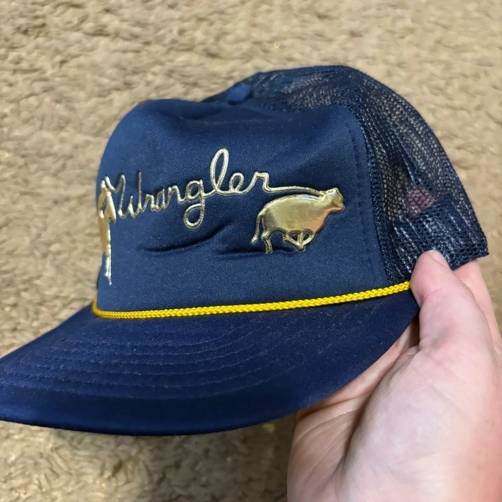 Vintage Wrangler Navy Gold Mesh Trucker Hat SnapBack Mesh Western Horse
